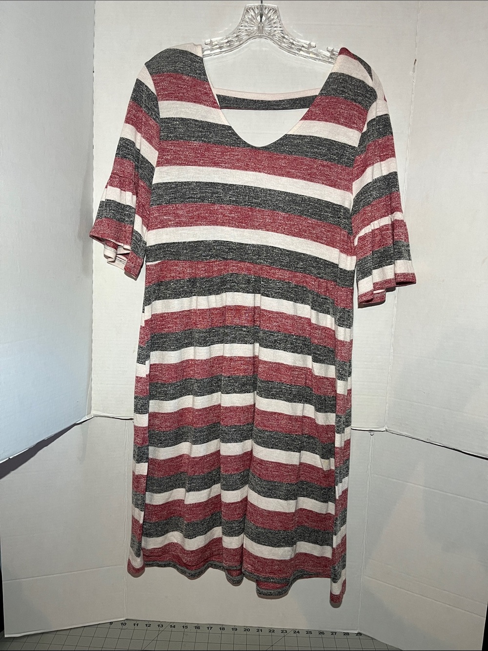 Striped V-Neck Short Sleeve Dress - Red, Gray & White